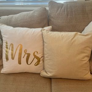 Mr. And Mrs. throw pillows; Size 17x17”